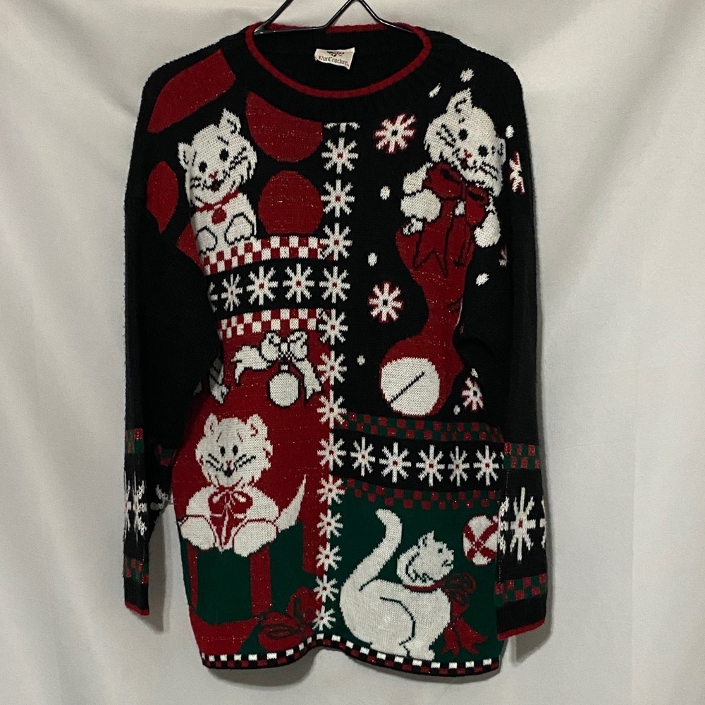 NUTCRACKER Festive HOLIDAY Cat Pattern Sweater -‎ Black, Red, WhiteGlitter clean